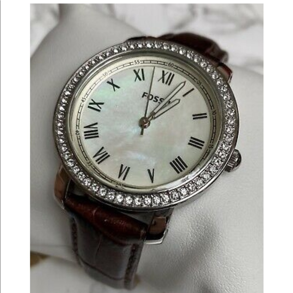 Emma Collection Mother of Pearl Dial face with brown leather band, Crystal Bezel